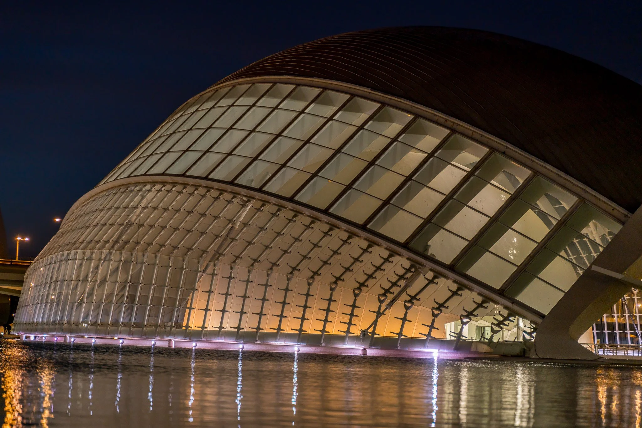 L'Hemisfèric building at night with water reflection, Valencia architecture print