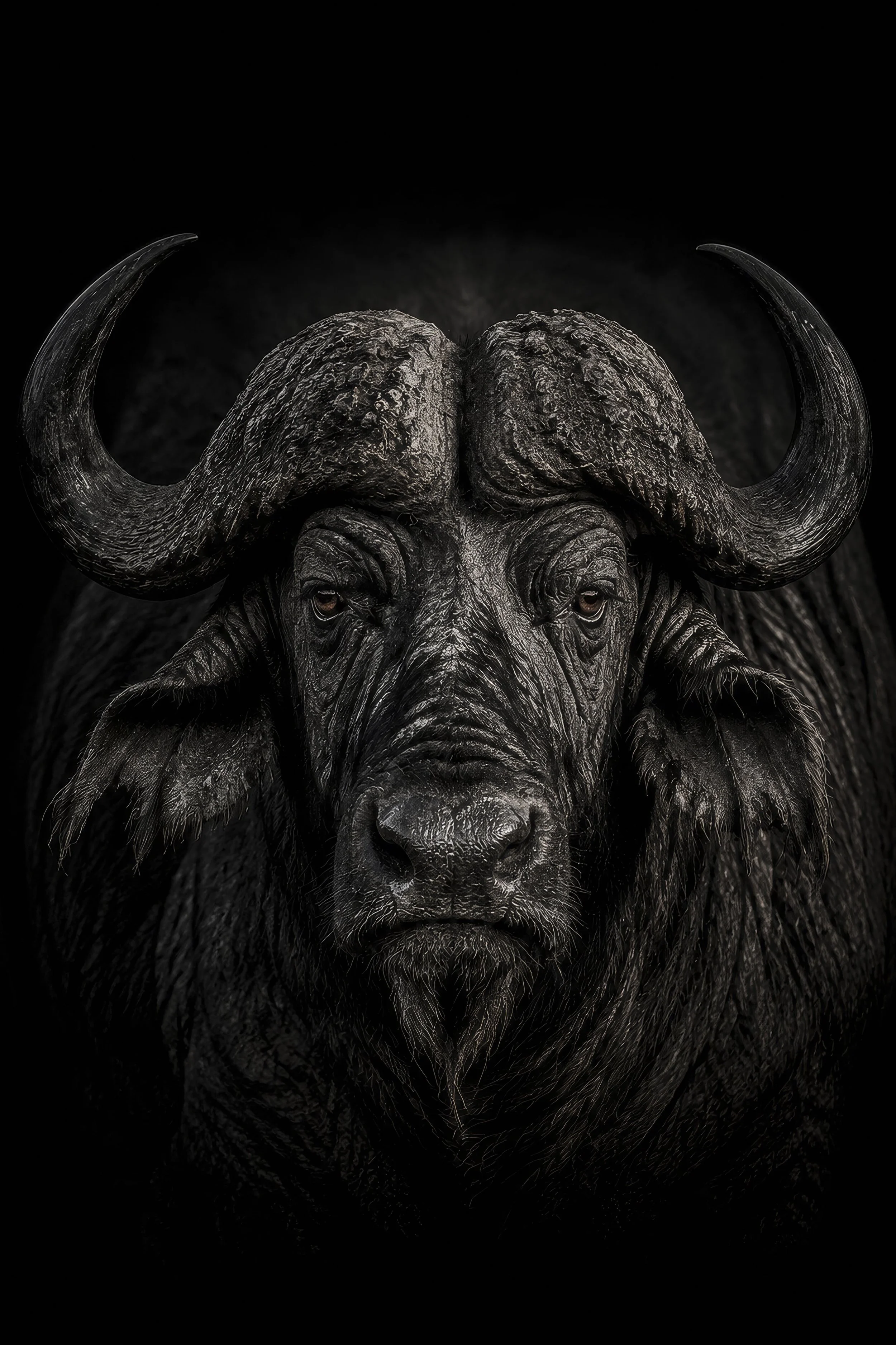 Black and white AI-generated buffalo portrait with large horns, Wild Souls digital art print
