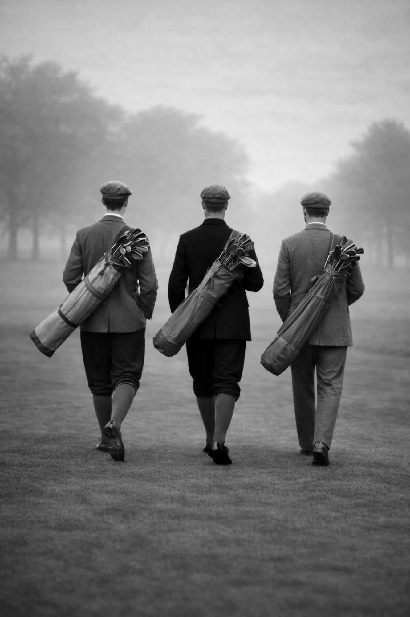 Sepia AI-generated golf art print, three vintage golfers walking away in mist, wall art for a study