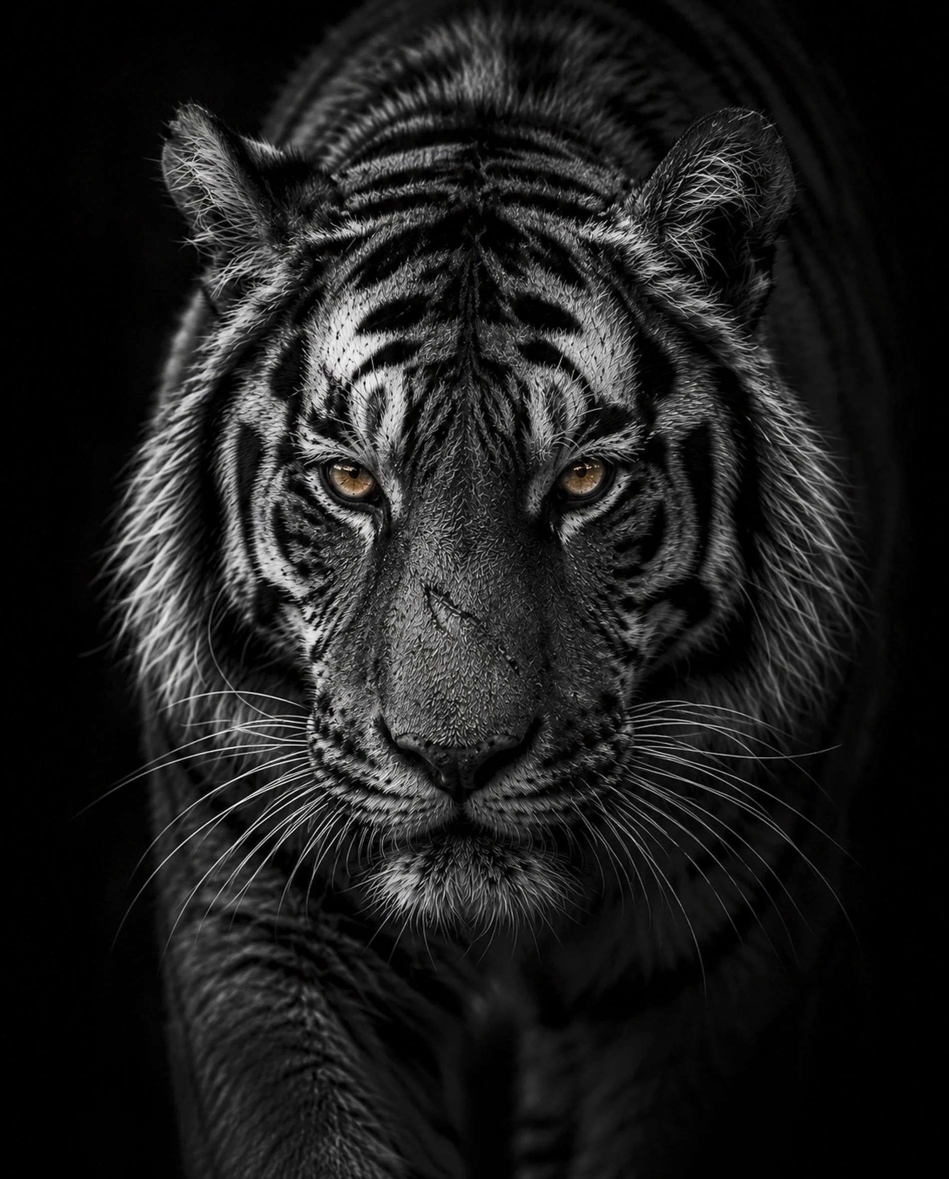 Black and white AI-generated tiger portrait, Wild Souls digital art print