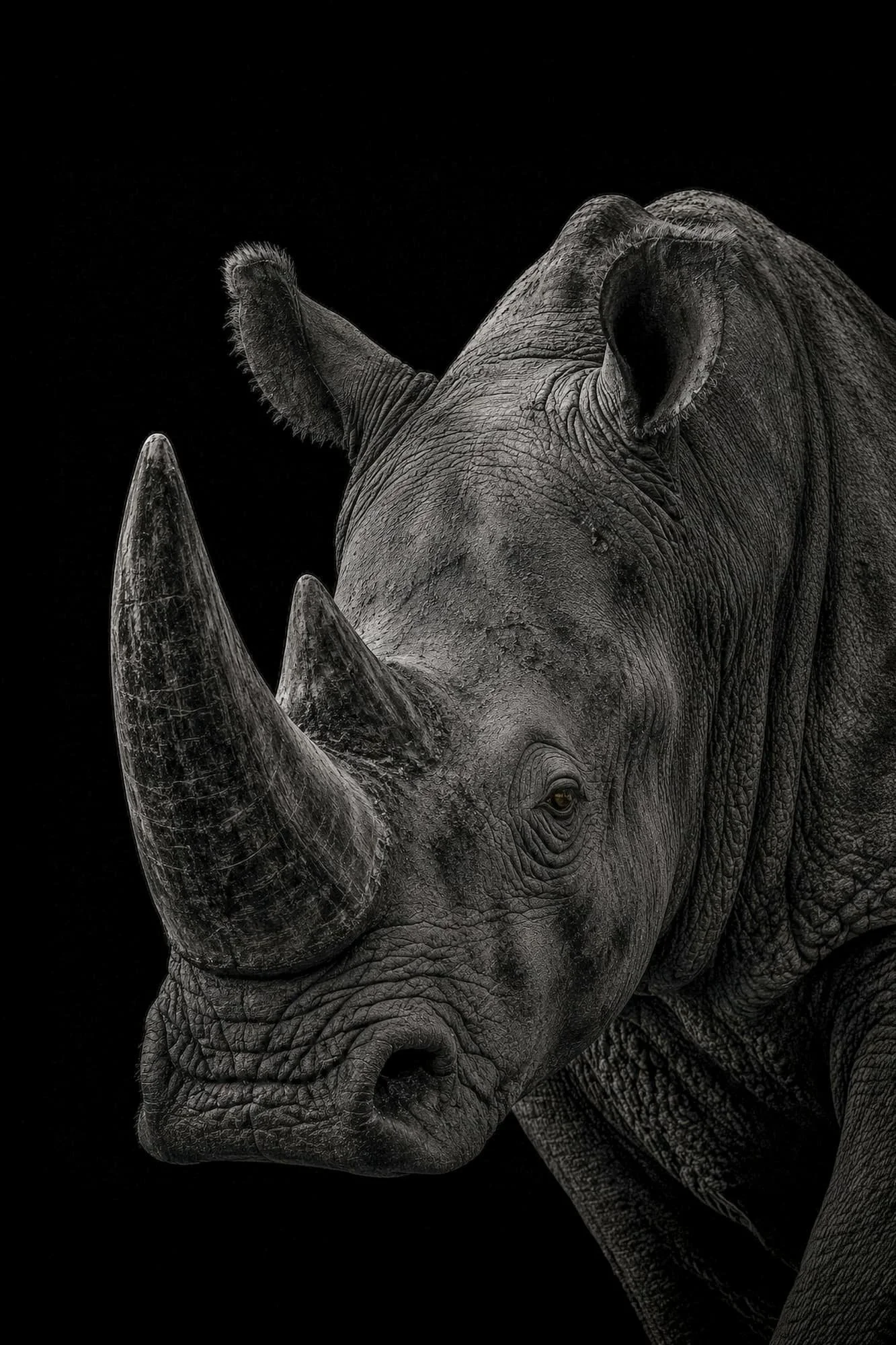 Black and white AI-generated fine art portrait of a rhino against a dark background