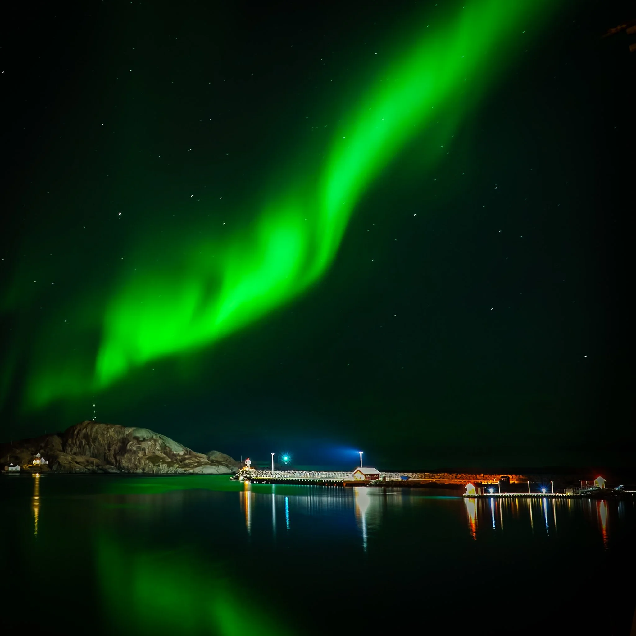 Green northern lights over harbor, Lofoten Islands, Landscape collection tile