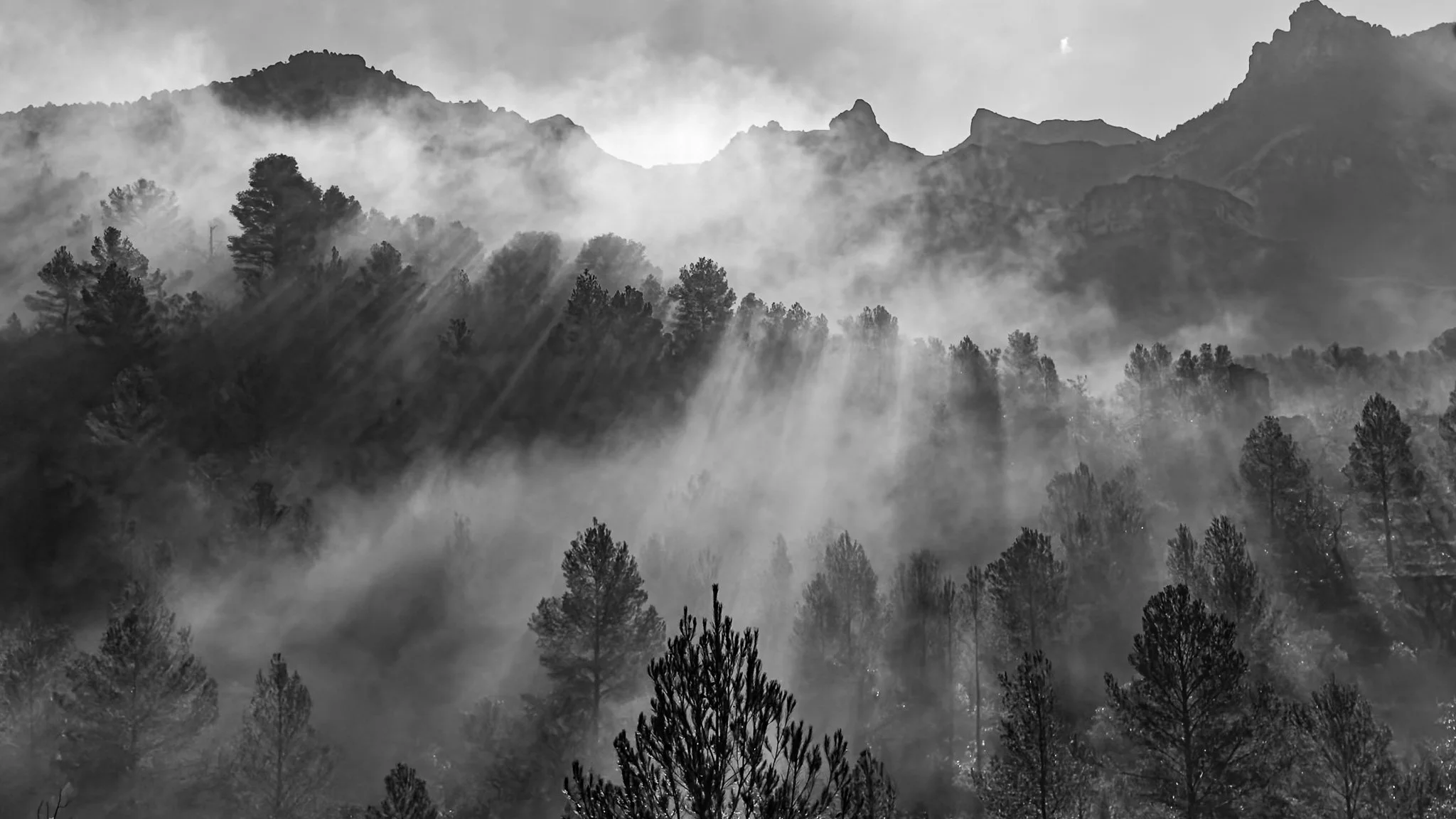 Bold statement black and white wall art print of dramatic mountain valley