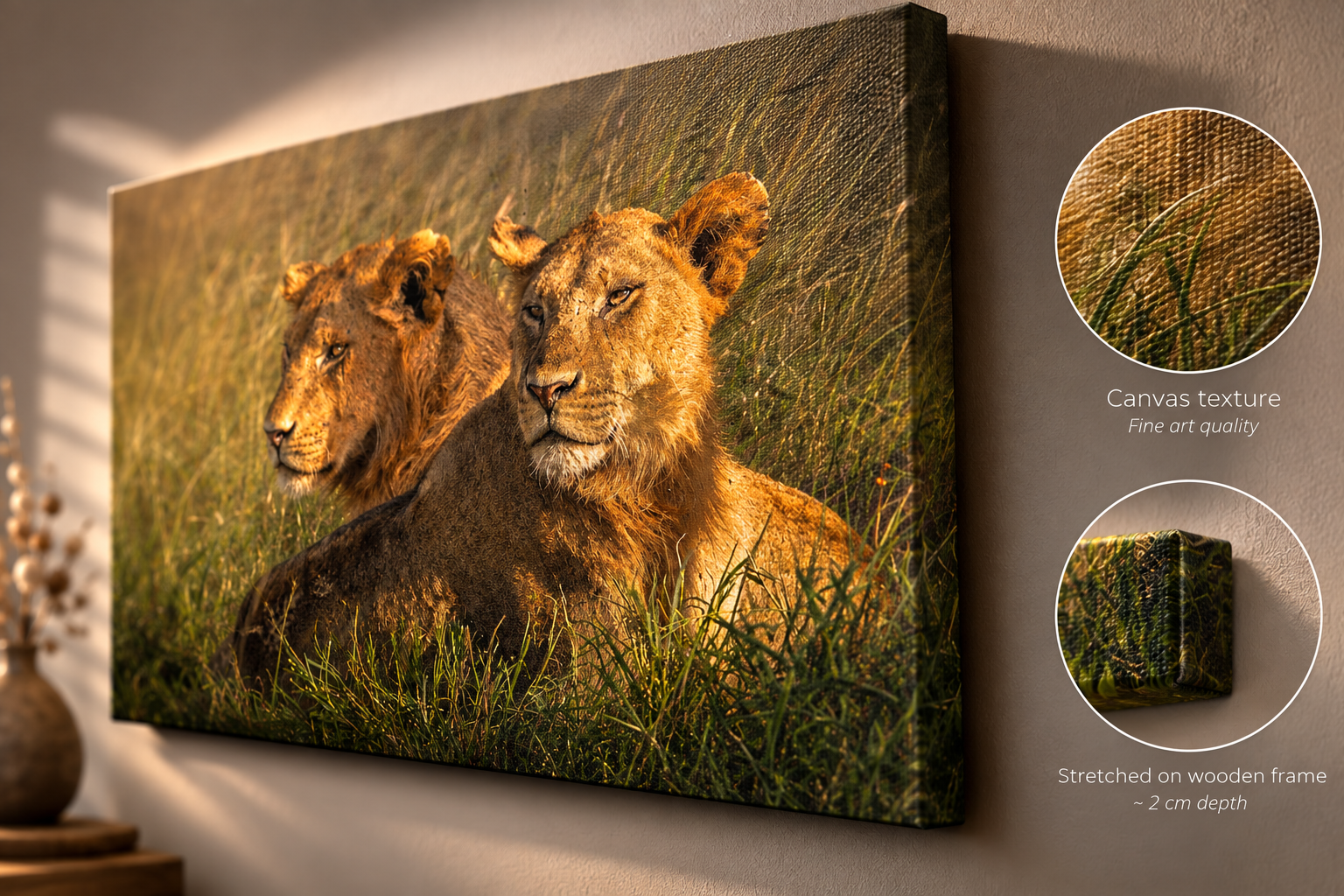 Canvas print of a lion pair on a stretched wooden frame, showing fabric texture and depth