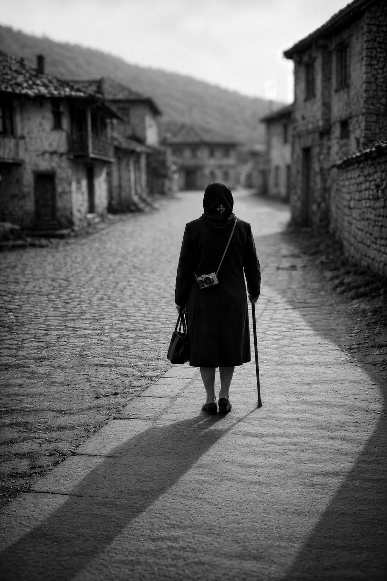 Elderly woman walking away down a cobblestone street with a cane and camera, black and white fine art street photography print