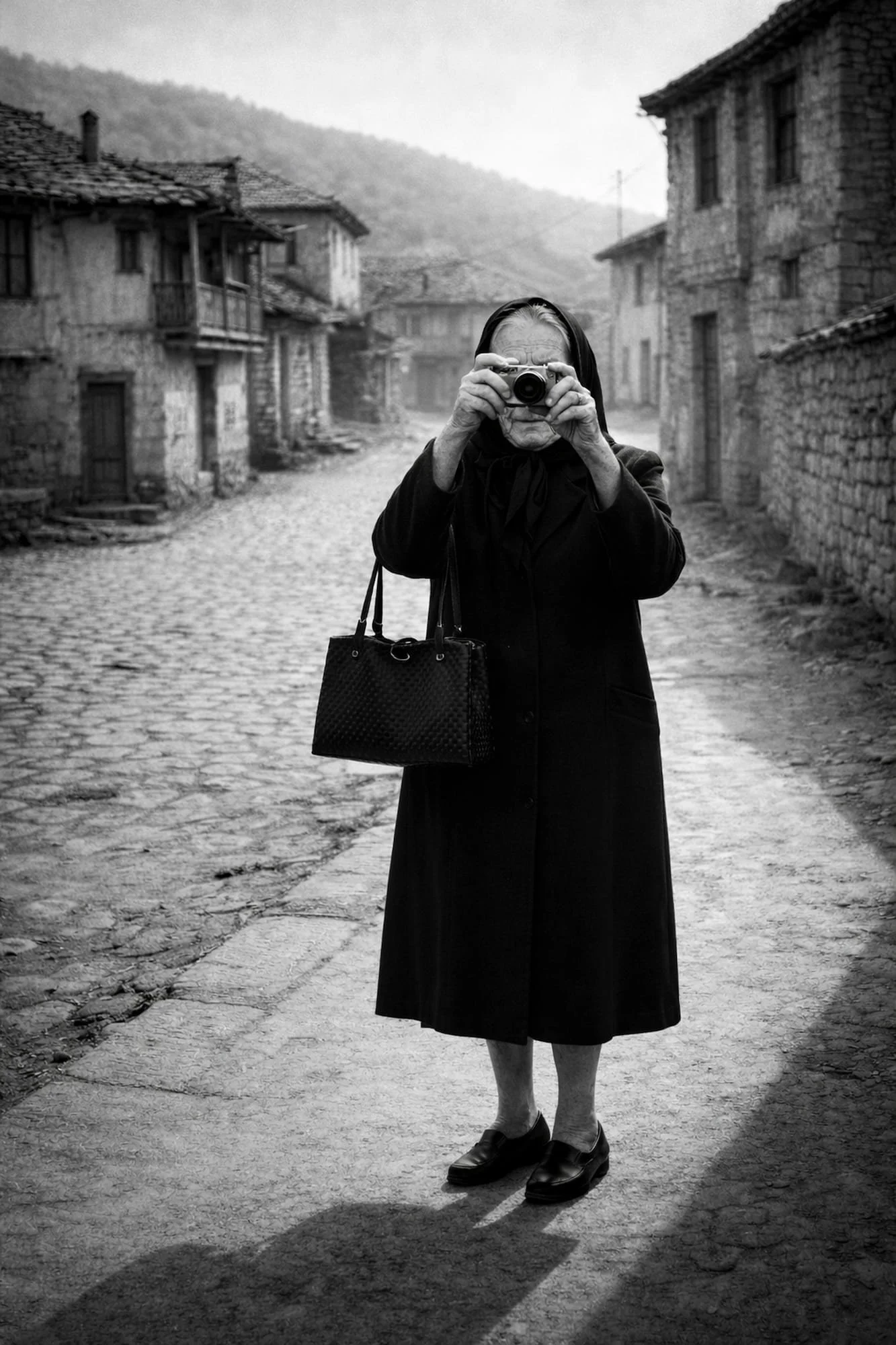 Woman raising a camera to photograph the viewer, black and white fine art wall art