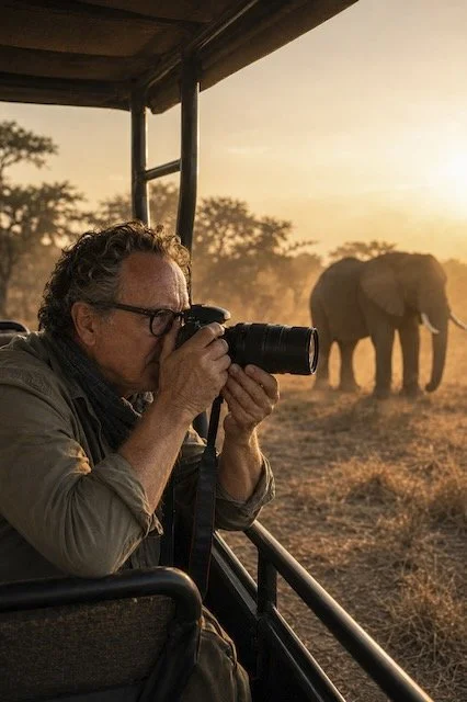 Erwin Floor photographing an elephant on safari