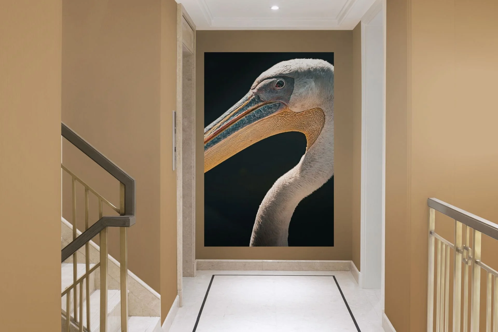 Close-up pelican portrait in warm tones hung in a hallway, statement wall art