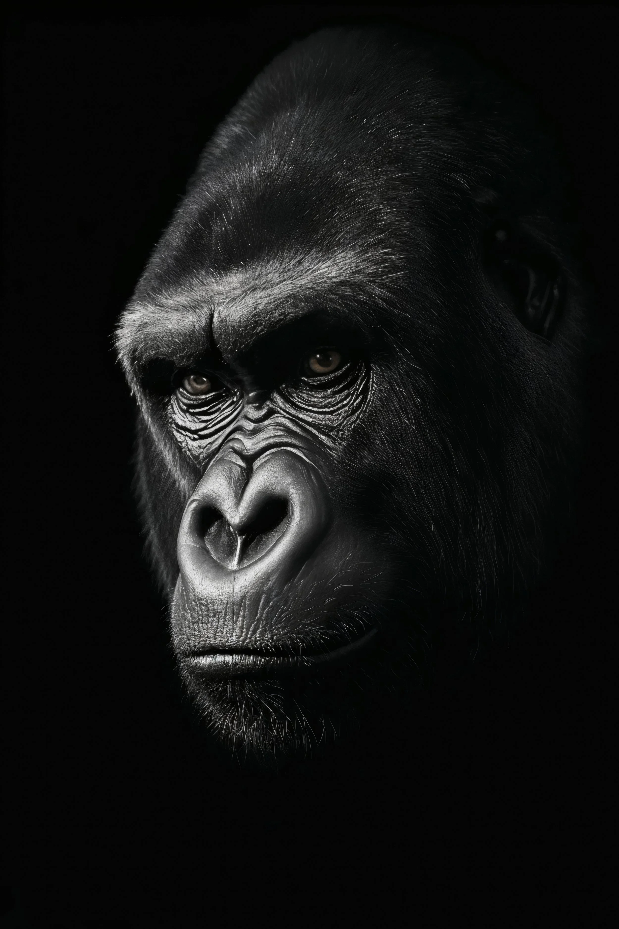 Black and white silverback gorilla portrait with intense gaze, wildlife photography
