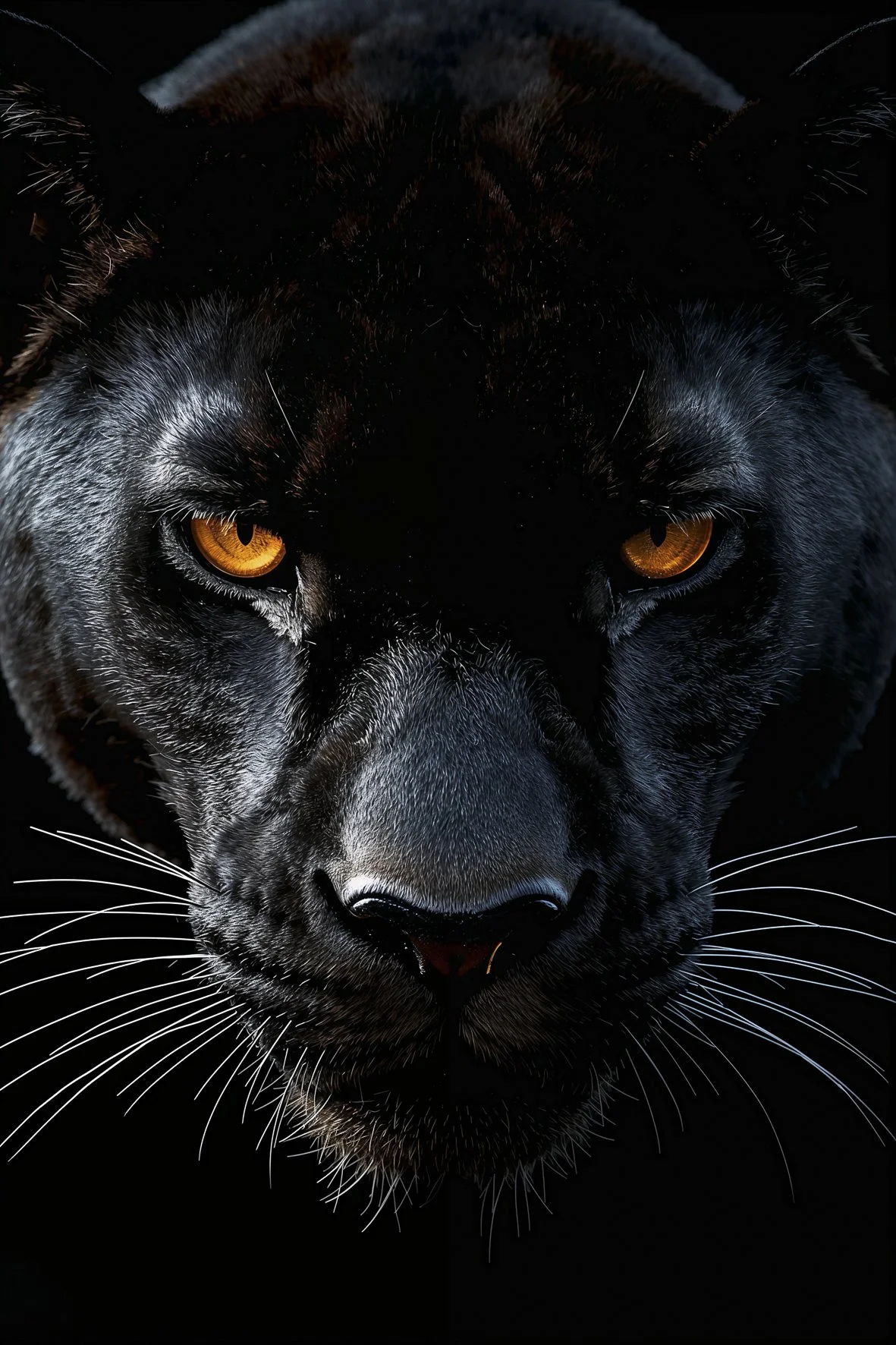 Black and white AI-generated black panther portrait with amber eyes, Wild Souls digital art print