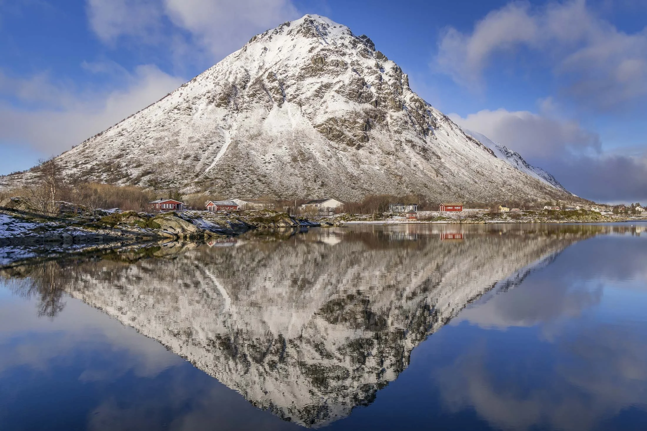 Snow-capped mountain reflected in still water, Lofoten Islands Norway landscape print