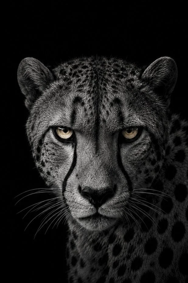 Black and white AI-generated cheetah portrait, Wild Souls digital art print