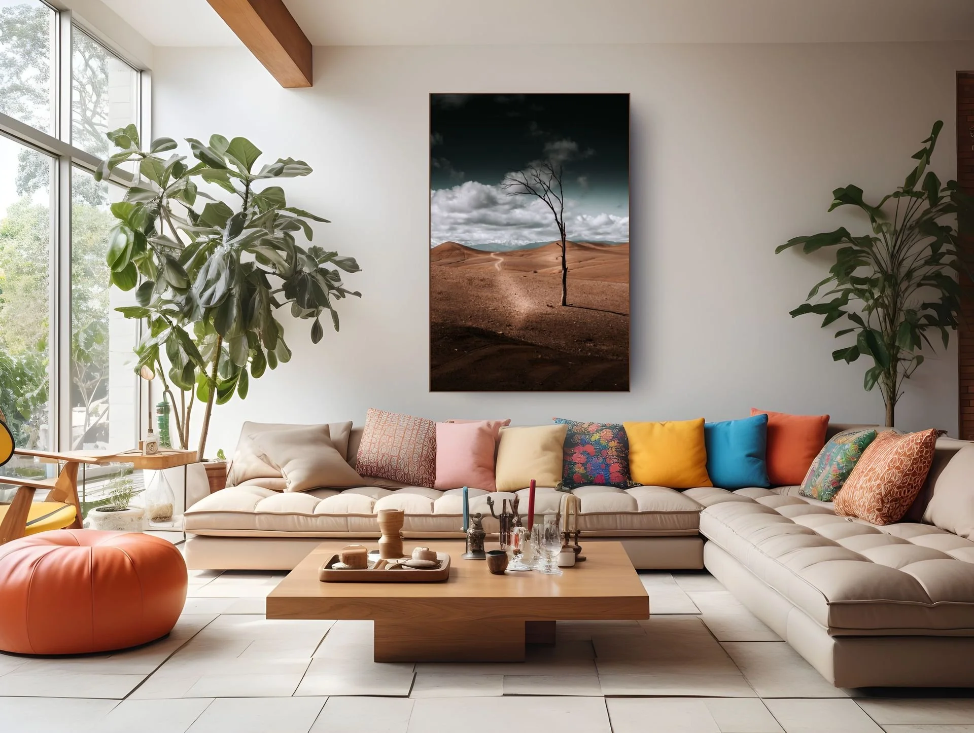 Moody desert landscape with lone tree hung in a colorful living room, statement wall art