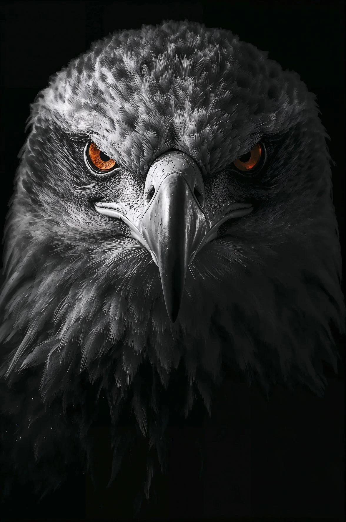 Black and white AI-generated eagle portrait with amber eyes, Silent Watcher, Wild Souls digital art print