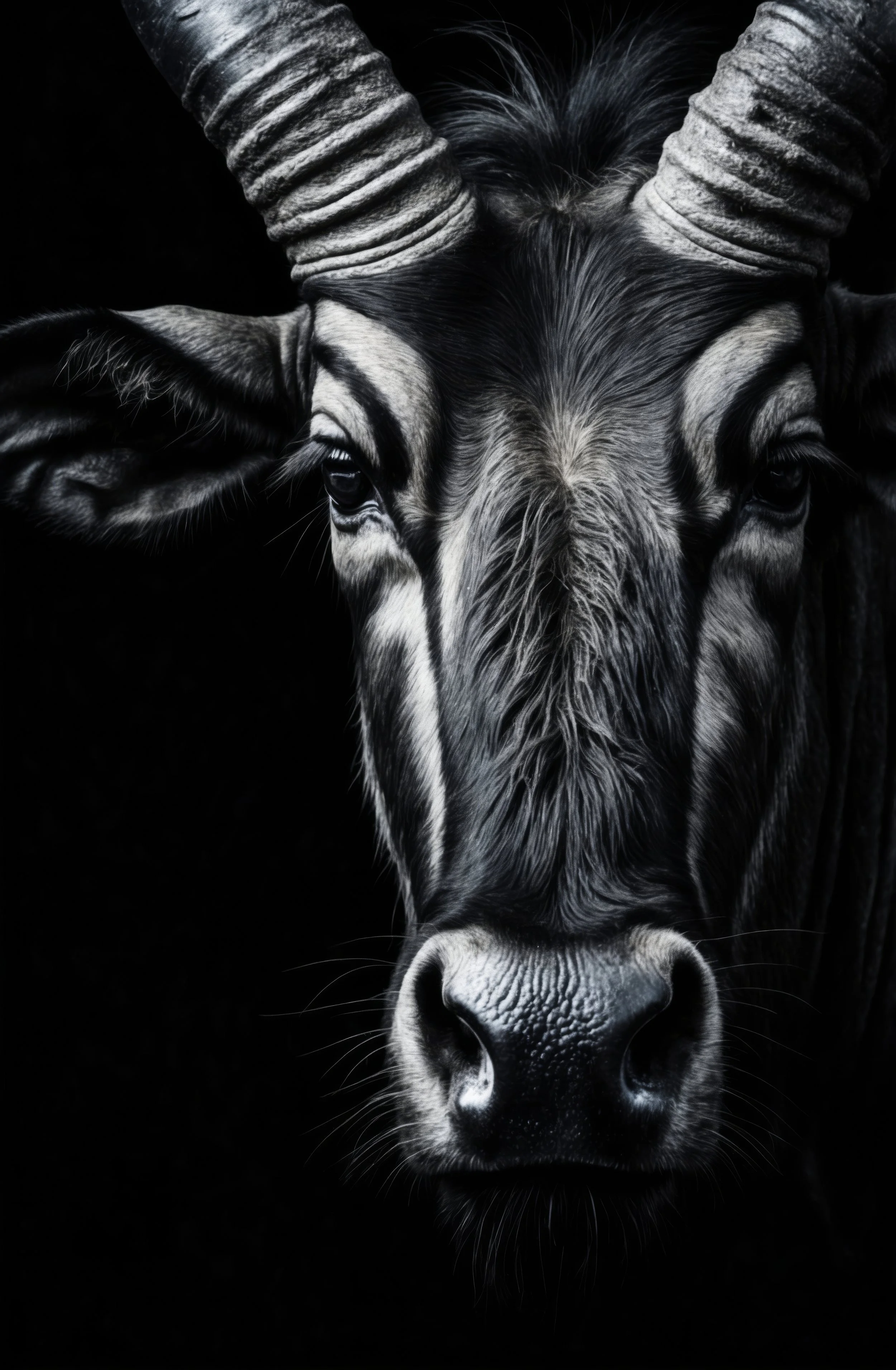 Close-up black and white AI-generated wildebeest portrait against black, Wild Souls fine art print, gallery wall piece