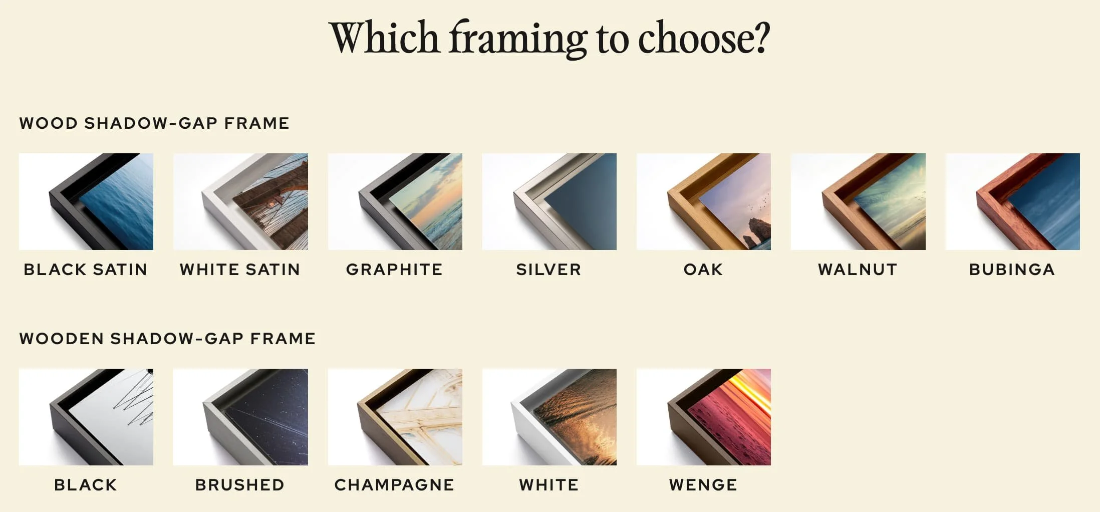 Wood shadow-gap picture frame finishes in black, white, oak, and walnut for fine art prints
