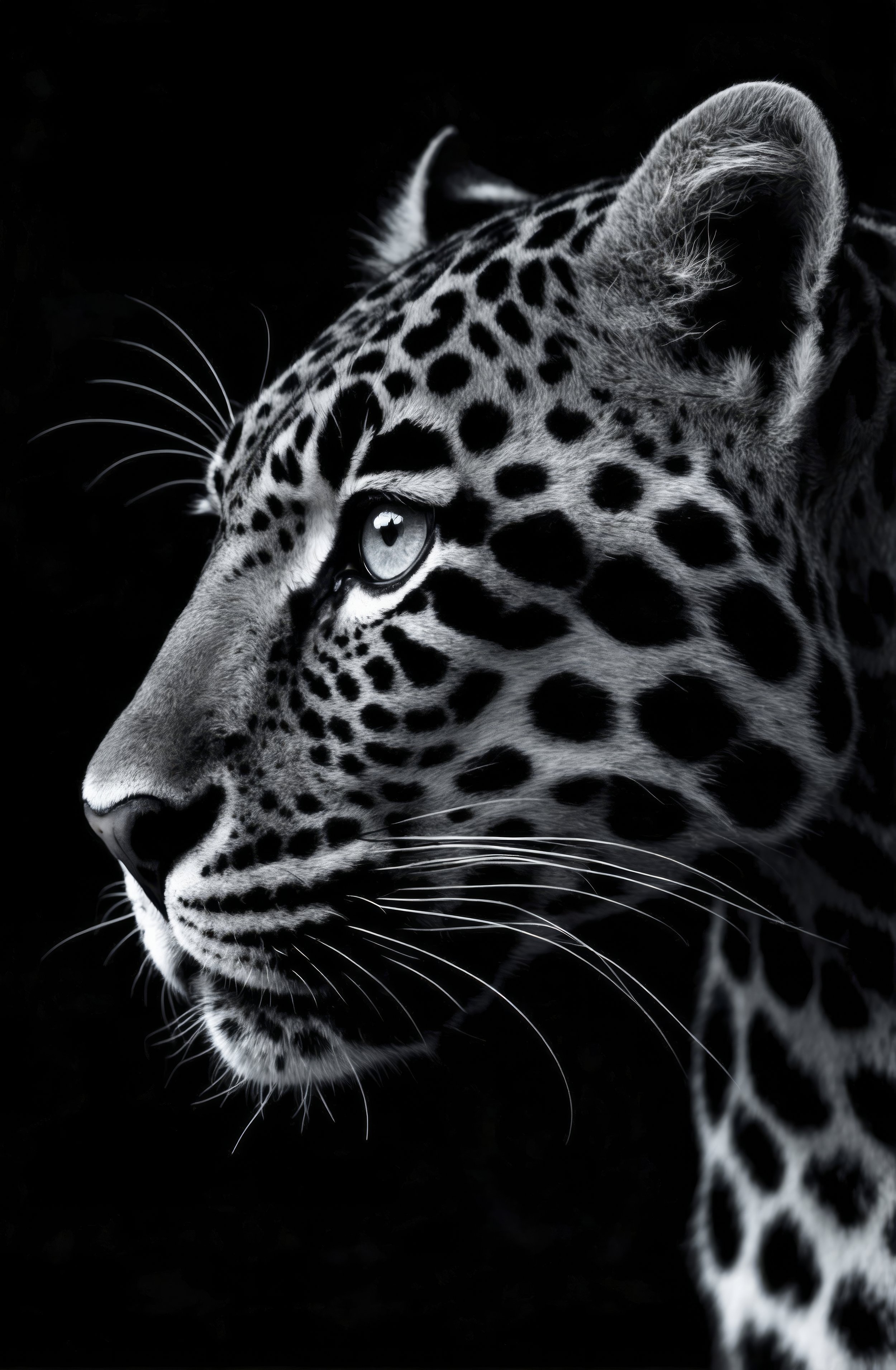 Black and white AI-generated leopard portrait in profile against black, Wild Souls fine art print, gallery wall piece