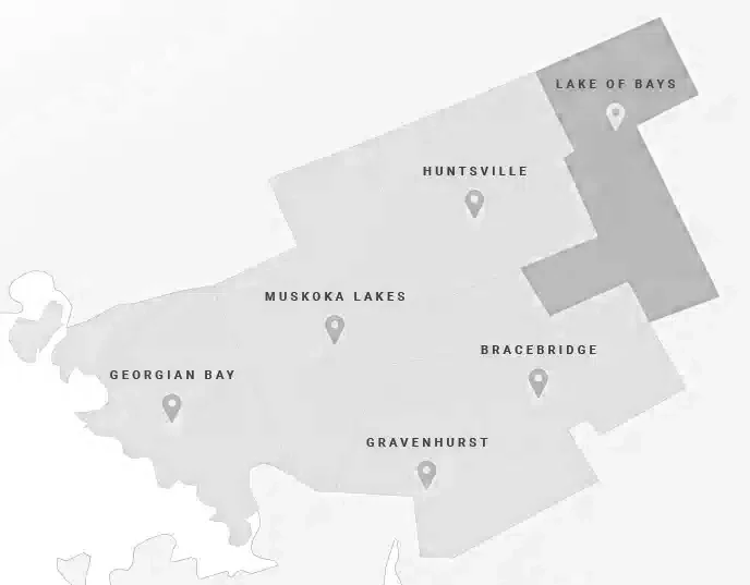 Map of regions including Georgian Bay, Muskoka Lakes, Huntsville, Lake of Bays, Bracebridge, and Gravenhurst.
