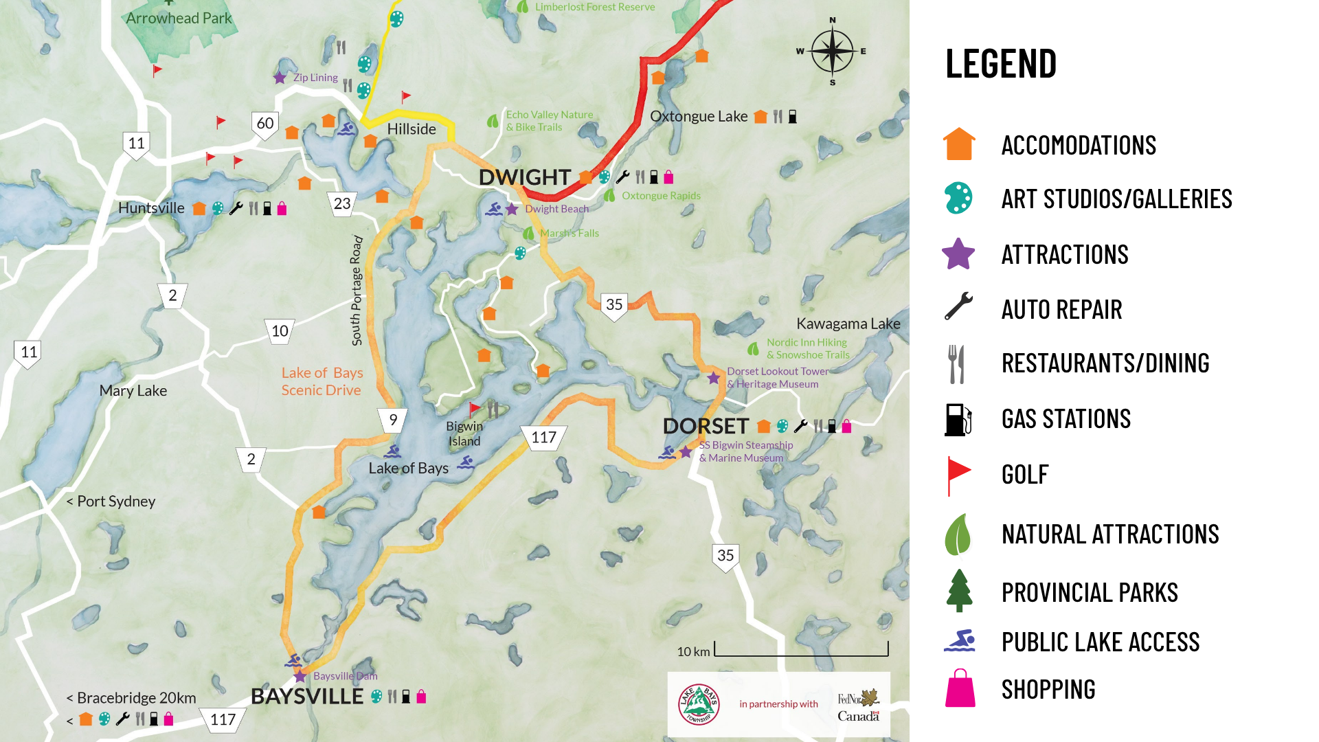 Map of Lake of Bays area showing towns, lakes, scenic drives, parks, attractions, accommodations, trails, and points of interest, with a legend indicating symbols for accommodations, art studios, attractions, auto repair, restaurants, gas stations, golf, natural attractions, provincial parks, lake access, shopping, and other features.