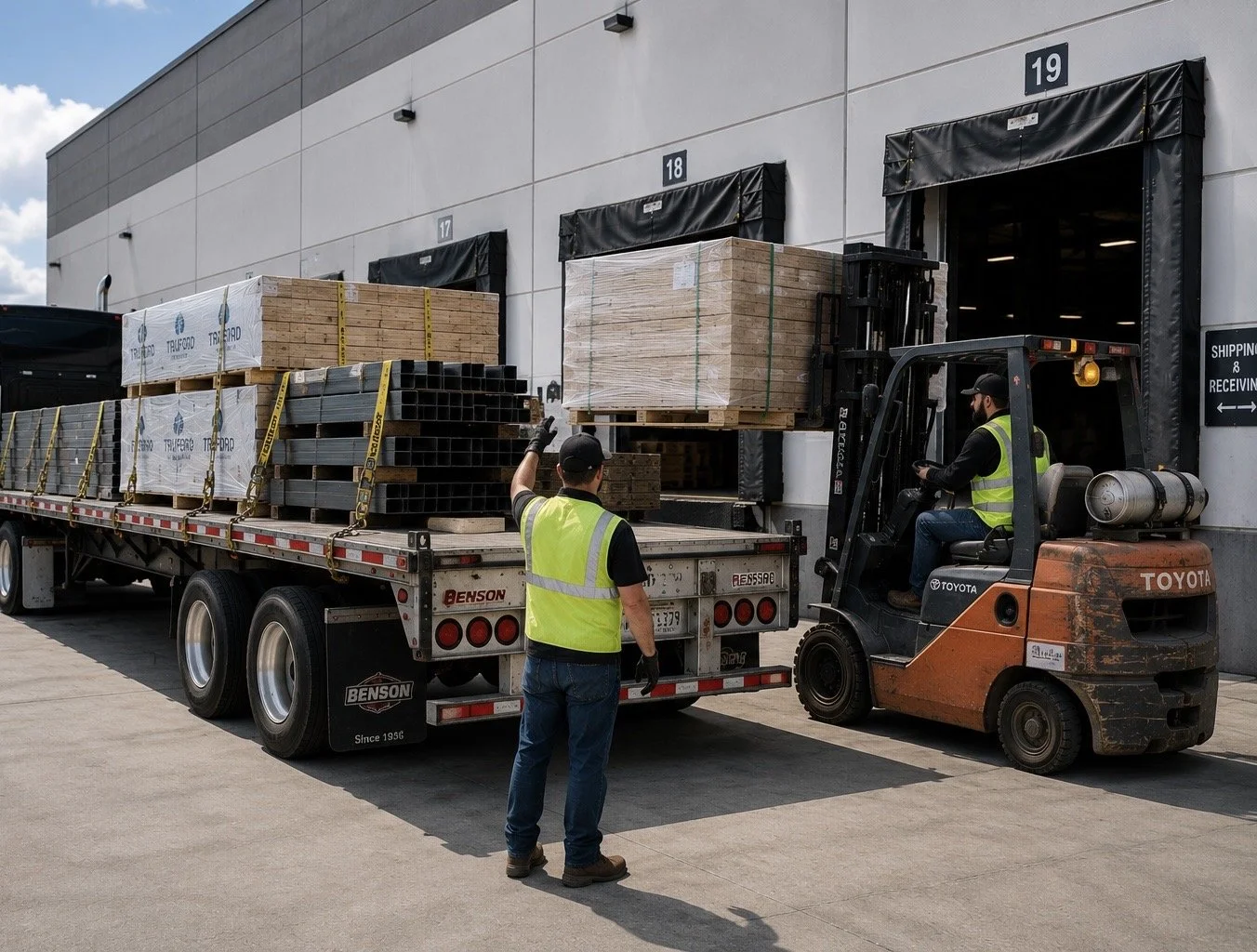 Workers loading large wooden and metal cargo onto a truck using a forklift outside a warehouse.