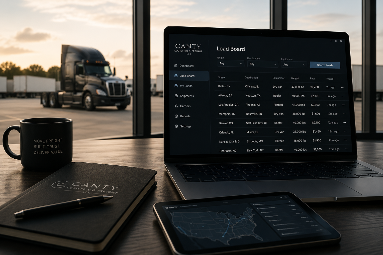 A workspace with a laptop displaying a load board, a tablet showing a map, a black notebook with the logo 'CANTY LOGISTICS & FREIGHT LLC', a black mug with the text 'MOVE FREIGHT. BUILD TRUST. DELIVER VALUE.', and a pen on a wooden table, with a view of trucks outside through large glass windows at sunset.