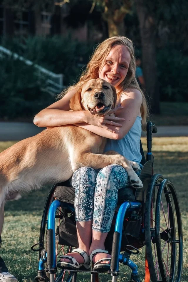 A girl in a wheelchair hugging a golden retriever dog outdoors during sunset.