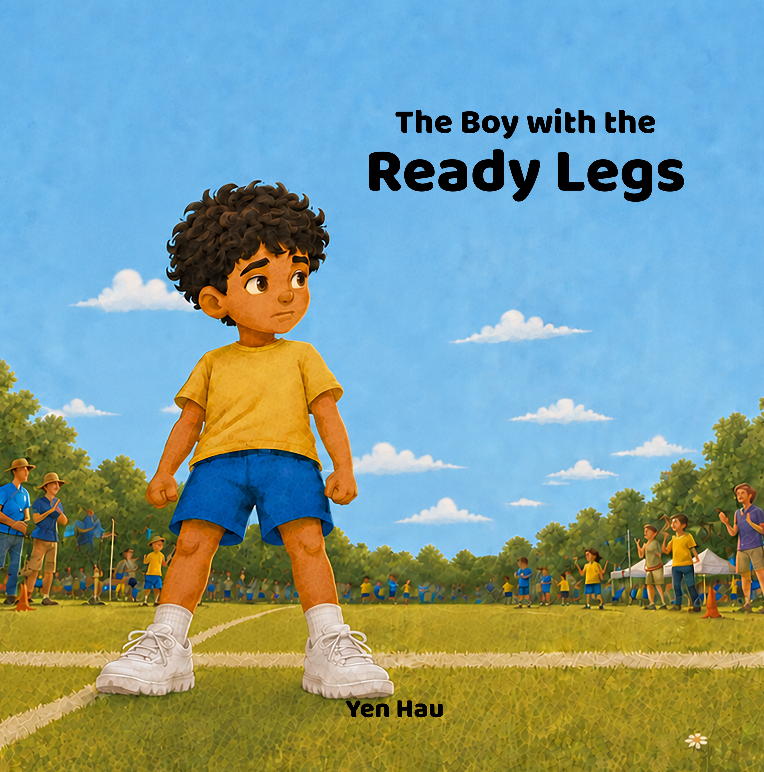 A cartoon boy with curly hair, wearing a yellow shirt, blue shorts, and white shoes, standing on a grassy field with a blue sky and white clouds, as part of the cover of the book 'The Boy with the Ready Legs' by Yen Hau.