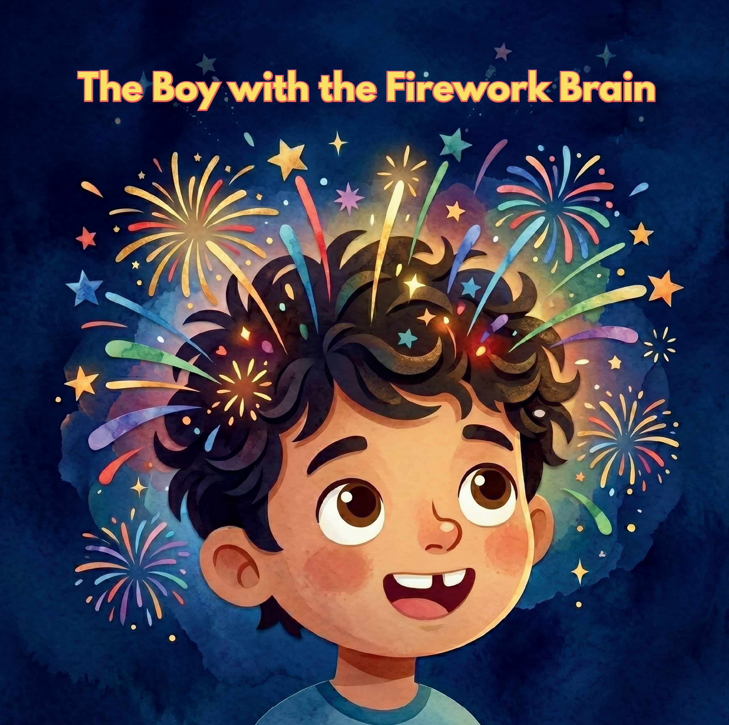 A colorful, illustrated portrait of a smiling boy with curly hair, large expressive eyes, and fireworks and star decorations in the background.