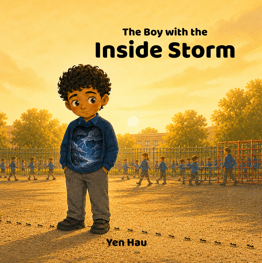 A young boy stands in a schoolyard at sunset, with a group of children playing in the background. The boy has curly hair and wears a sweatshirt with a lightning storm design and gray pants.
