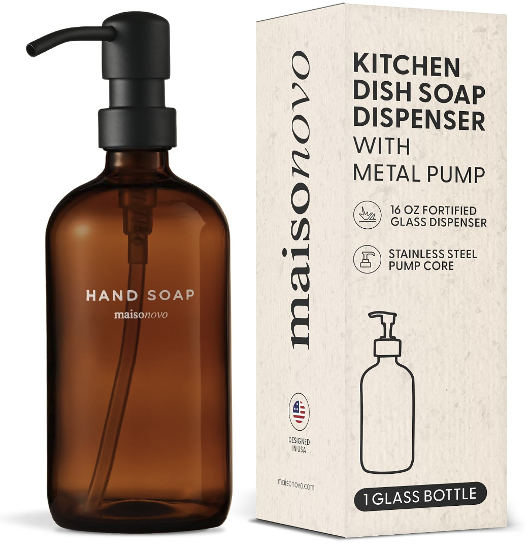 This sleek soap dispenser is perfect for any countertop! The amber color adds a nice touch.