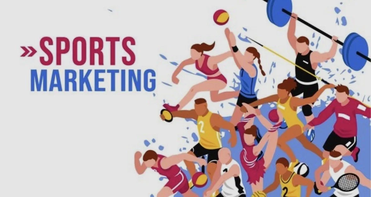 Illustration of various athletes playing different sports including weightlifting, running, volleyball, tennis, and basketball, with the text 'Sports Marketing' in bold letters.