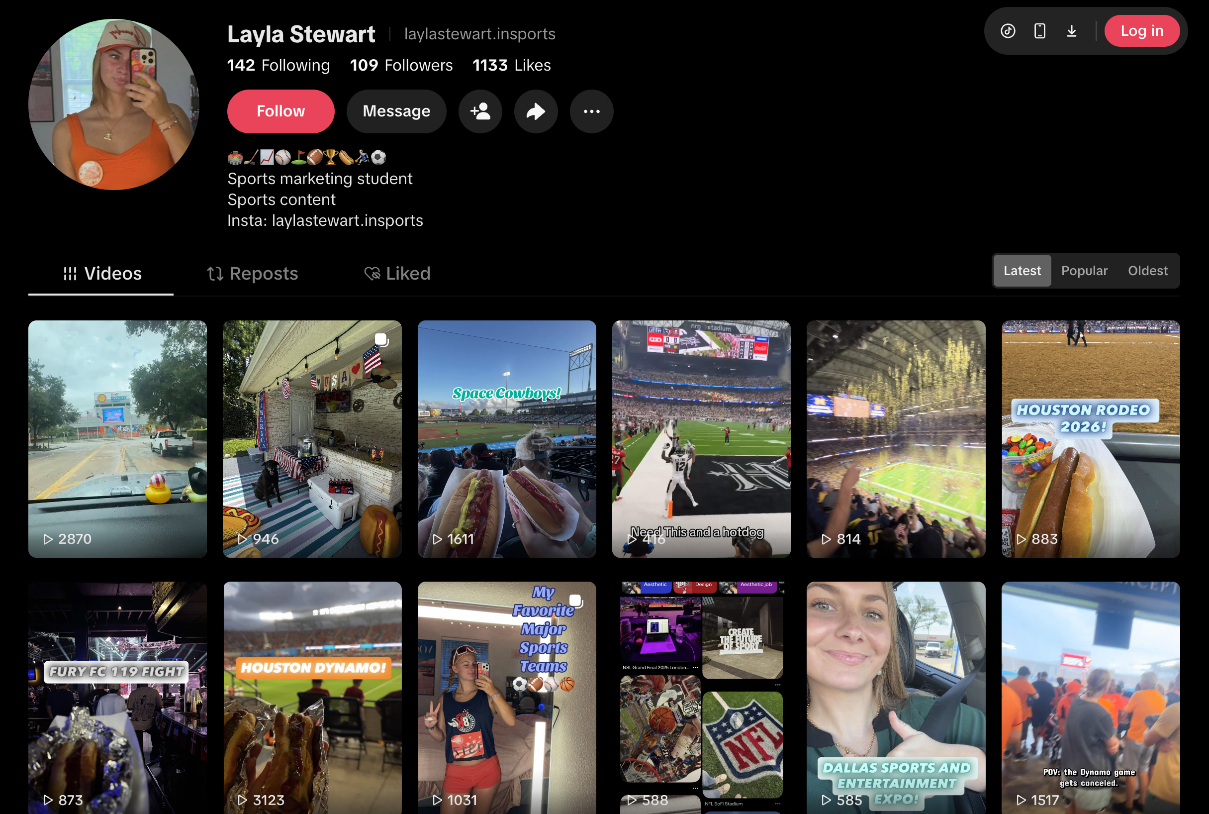 Social media profile page featuring a young woman in an orange tank top taking a selfie with her phone, with various sports events, food, and entertainment images in the background.