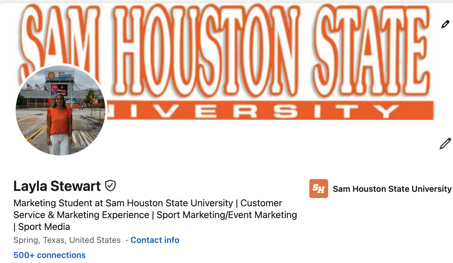 LinkedIn profile header with off-white background, featuring a logo for Sam Houston State University in bold orange font. Profile picture of a woman wearing an orange top and white pants, standing outside near a university building with American flags.