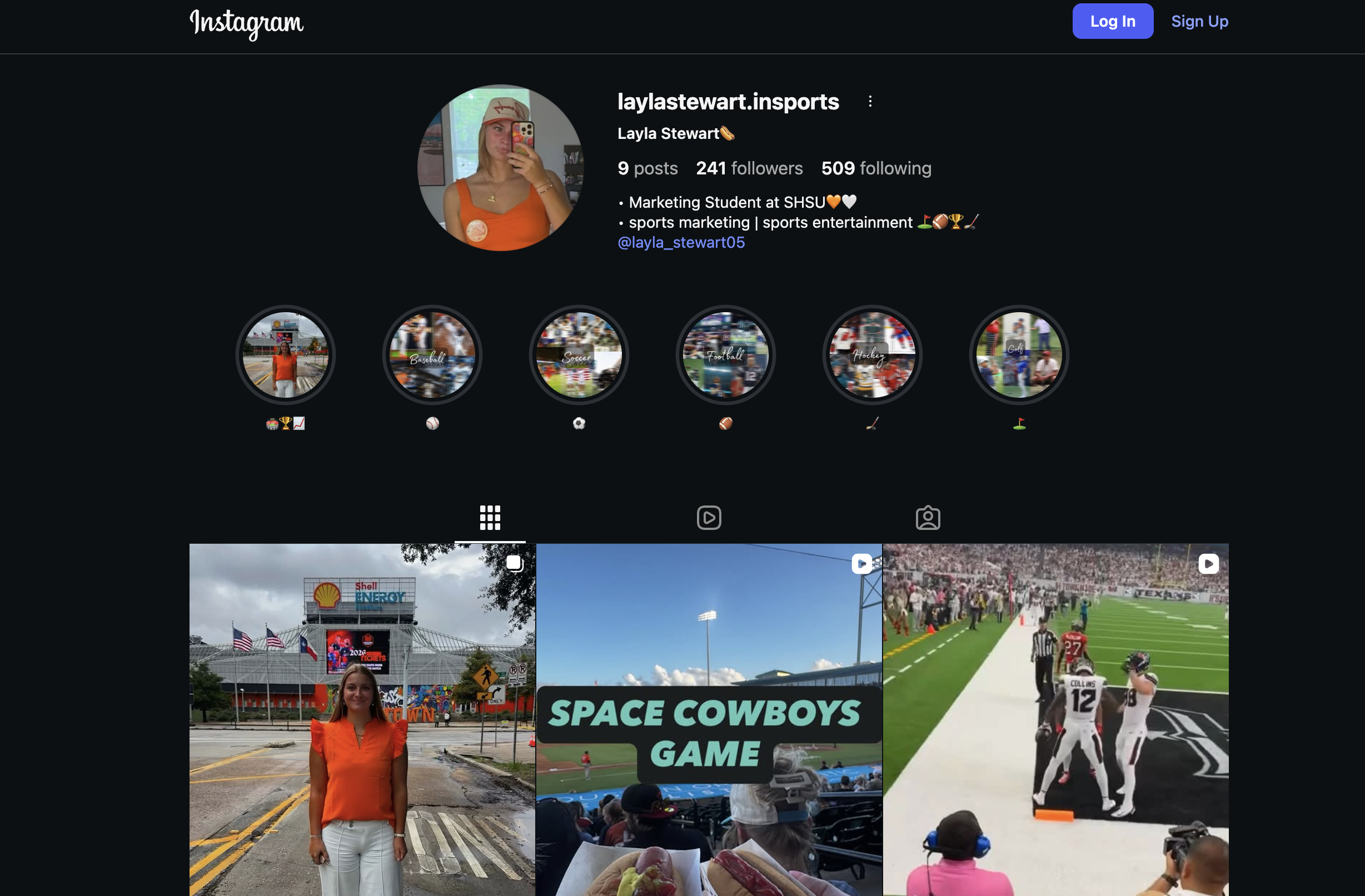 Screenshot of an Instagram profile page of user Layla Stewart, featuring a profile picture of a woman in an orange top and beige hat, with highlights of posts related to sports events, including football, baseball, soccer, and hockey, and a popular stadium scene.