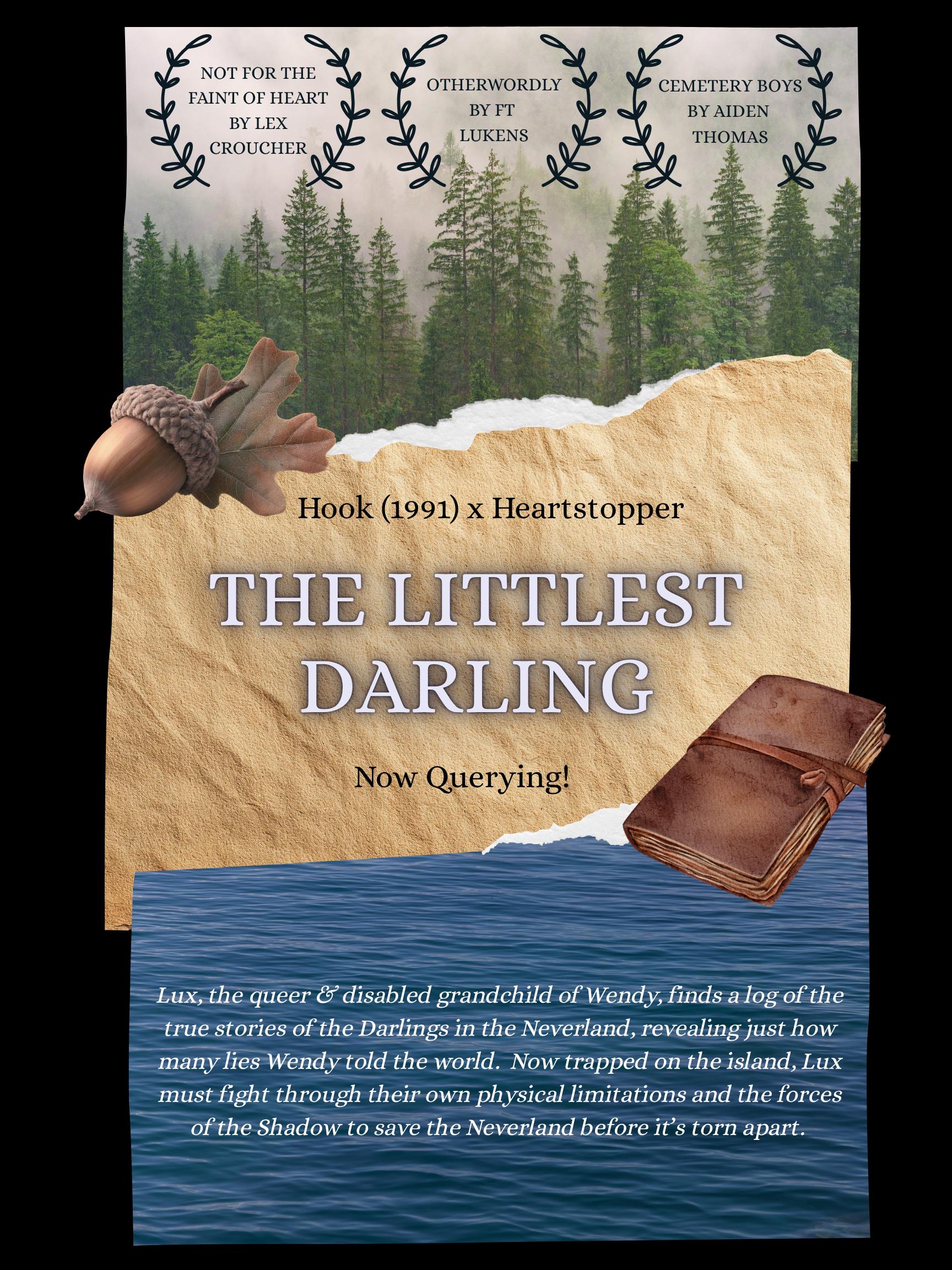 A poster for The Littlest Darling that includes a forested section, an aged paper section, and a body of water. There is an acorn and a book separating the sections that look like ripped papers put together.