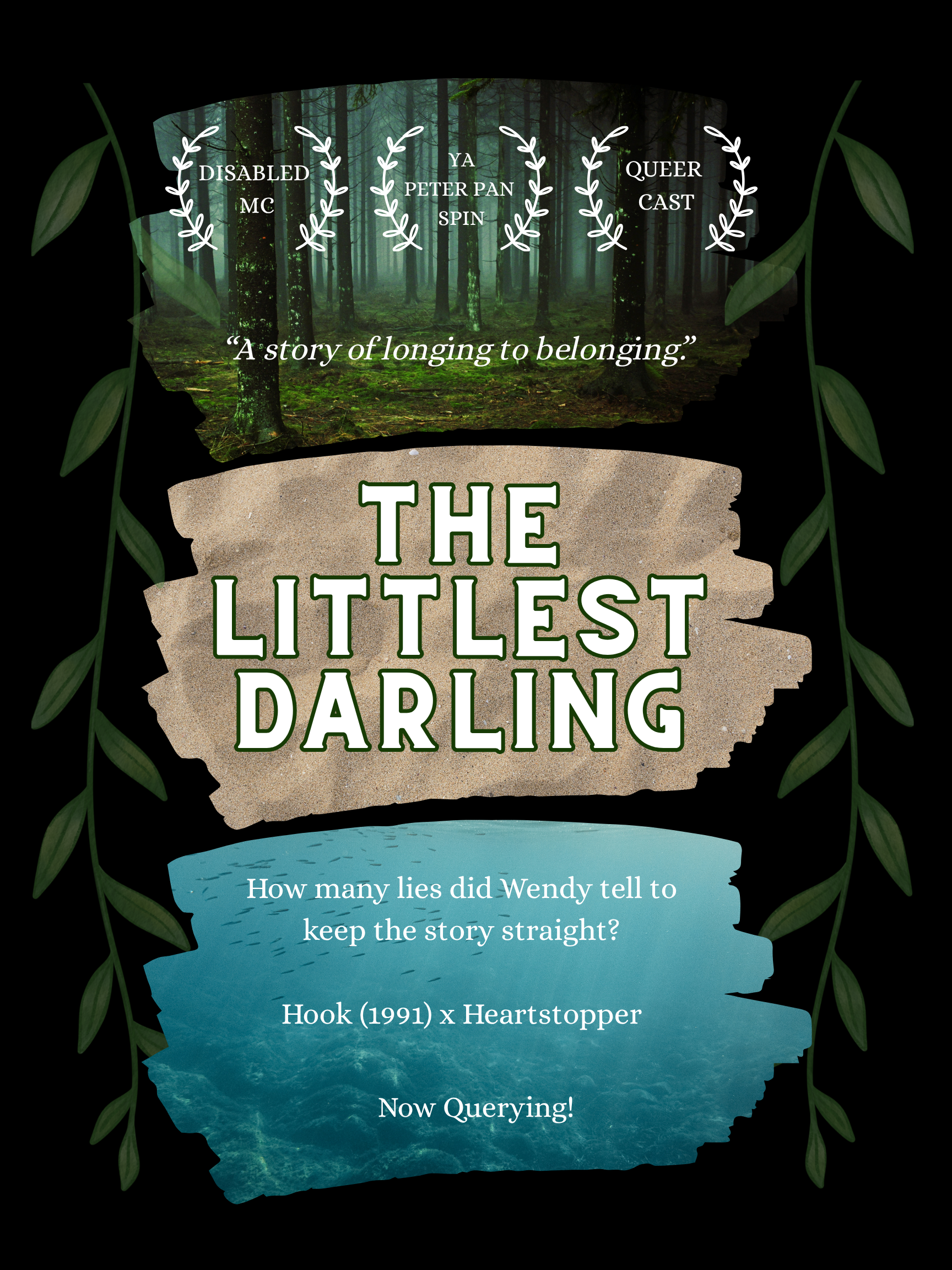 A poster for The Littlest Darling that is separated into three sections: a forested section that says "A story of longing to belonging", a sandy section with the title of the book, and an underwater section that says "Now Querying!"