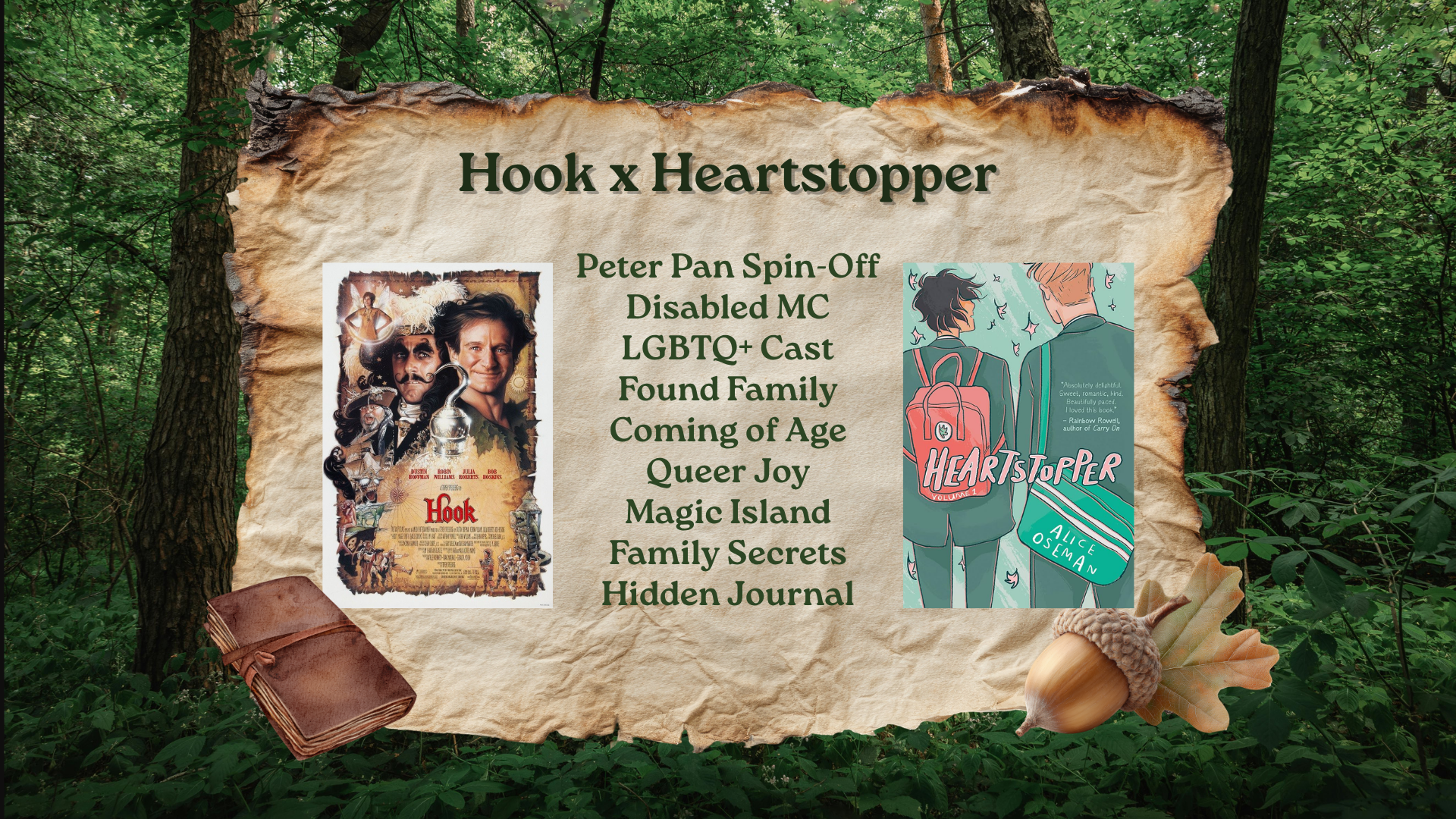 An image of the poster for the film Hook (1991) and the graphic novel Heartstopper, with a list of tropes applying to The Littlest Darling (ex: Disabled MC, LGBTQ+ cast, Coming of Age, Queer joy, Family Secrets, etc.)