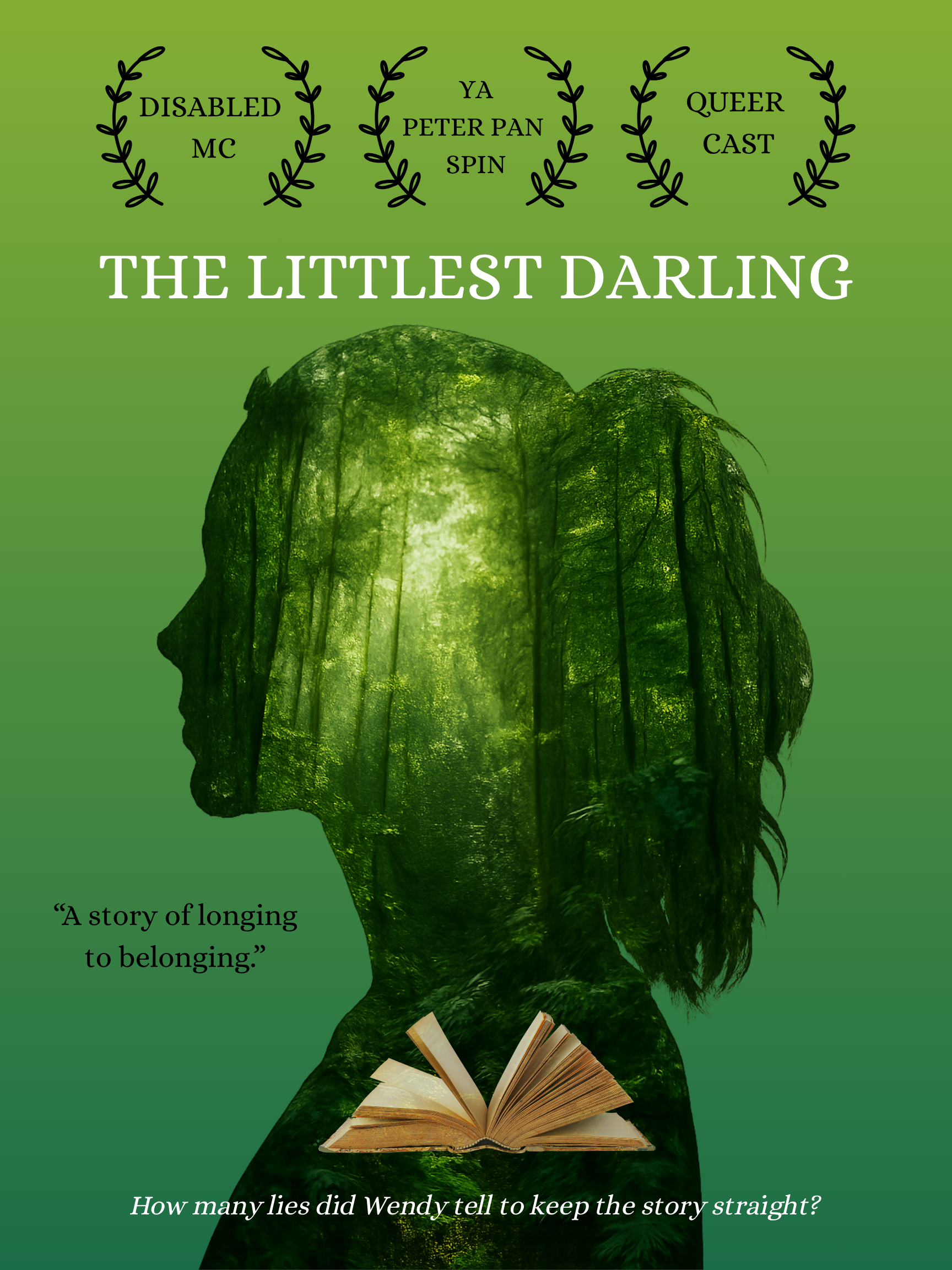 A poster with a green background for The Littlest Darling, showing the silhouette of a femme person with a forest within the silhouette and an open book at the bottom of the poster. "How many lies did Wendy tell to keep the story straight?"