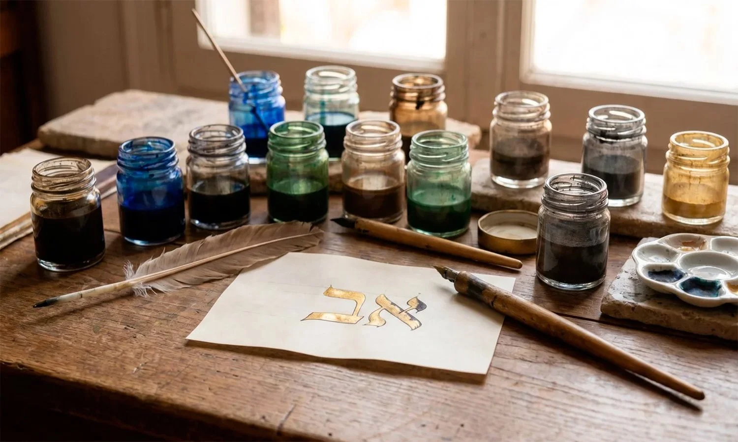 Set de acuarelas con frascos de pintura de diferentes colores, plumas y una hoja con escritura en un escritorio de madera cerca de una ventana.