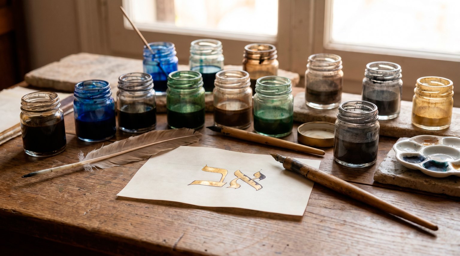 Frascos de tinta de distintos colores, plumas y una hoja con letras hebreas doradas
