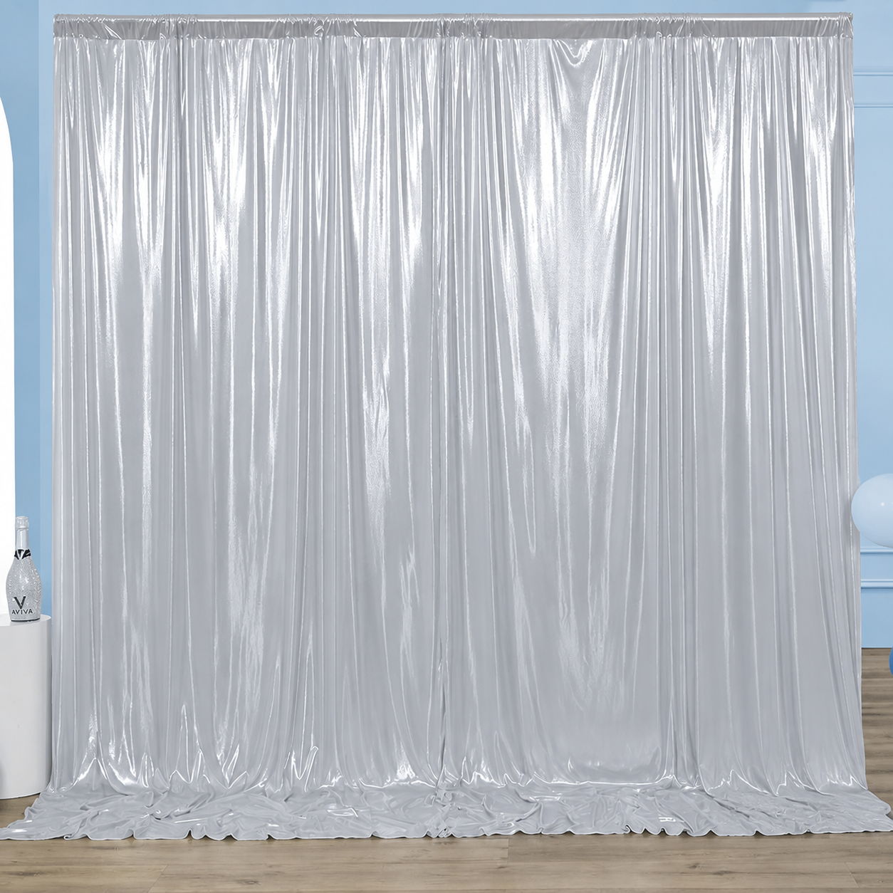 Silver draped backdrop available for Reflections Photo Booth events