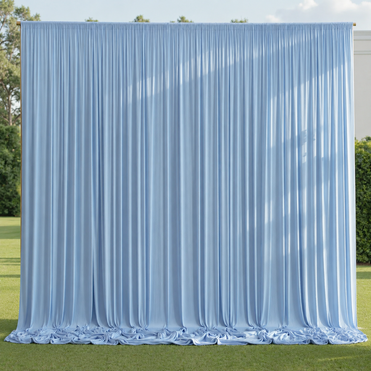 Dusty blue draped backdrop available for Reflections Photo Booth events