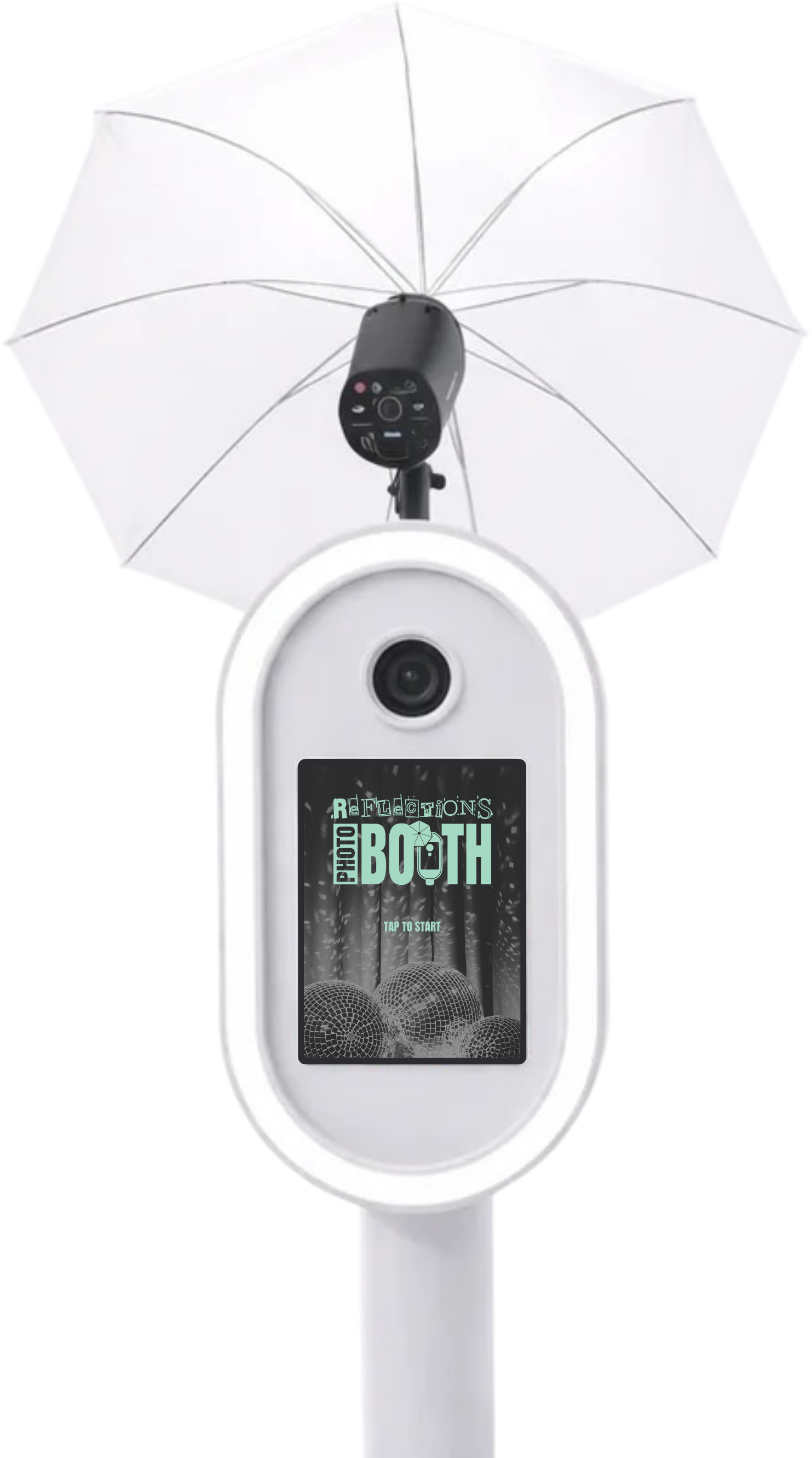 White Reflections Photo Booth with professional camera, flash and umbrella lighting