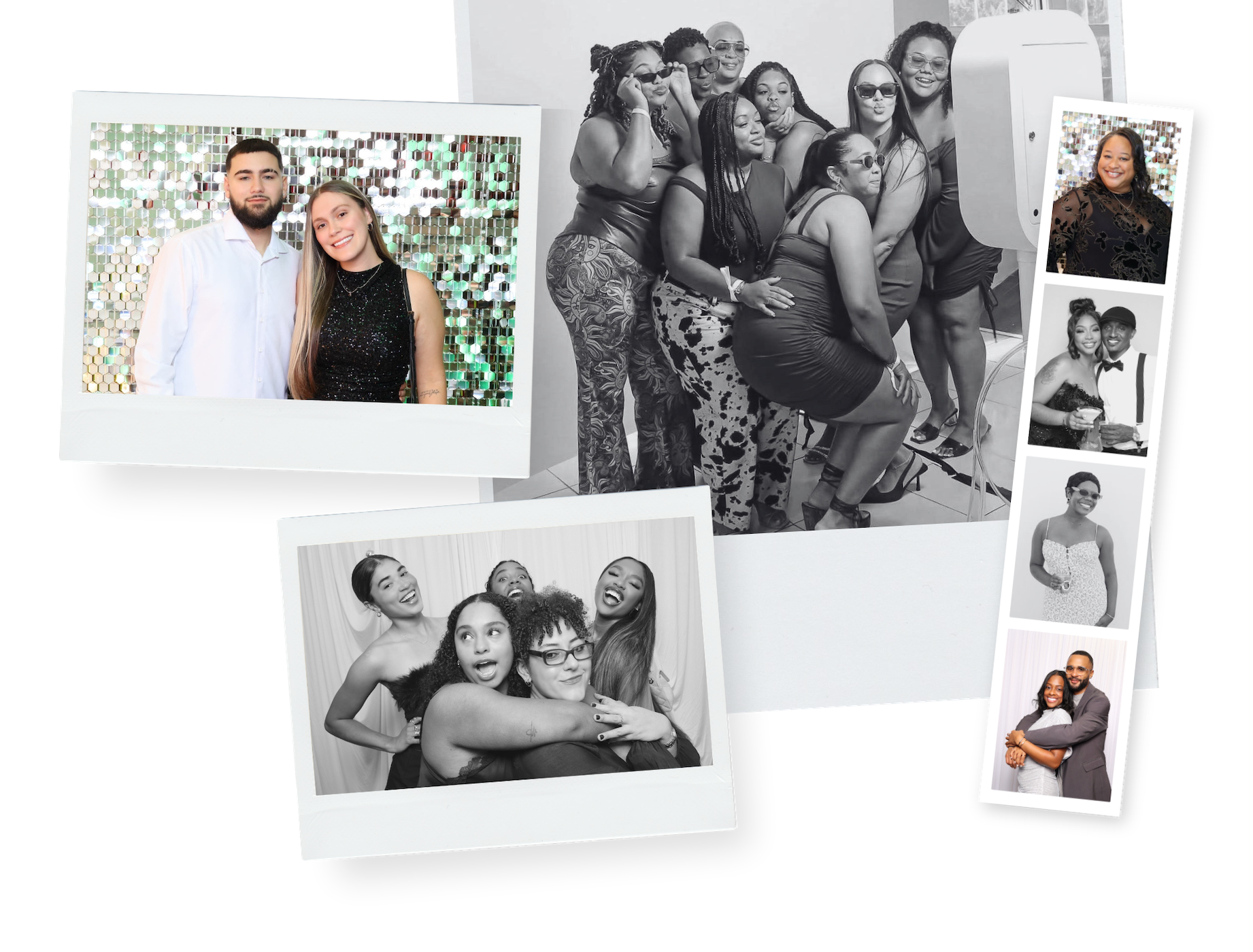 Collection of printed Reflections Photo Booth portraits and photo strips
