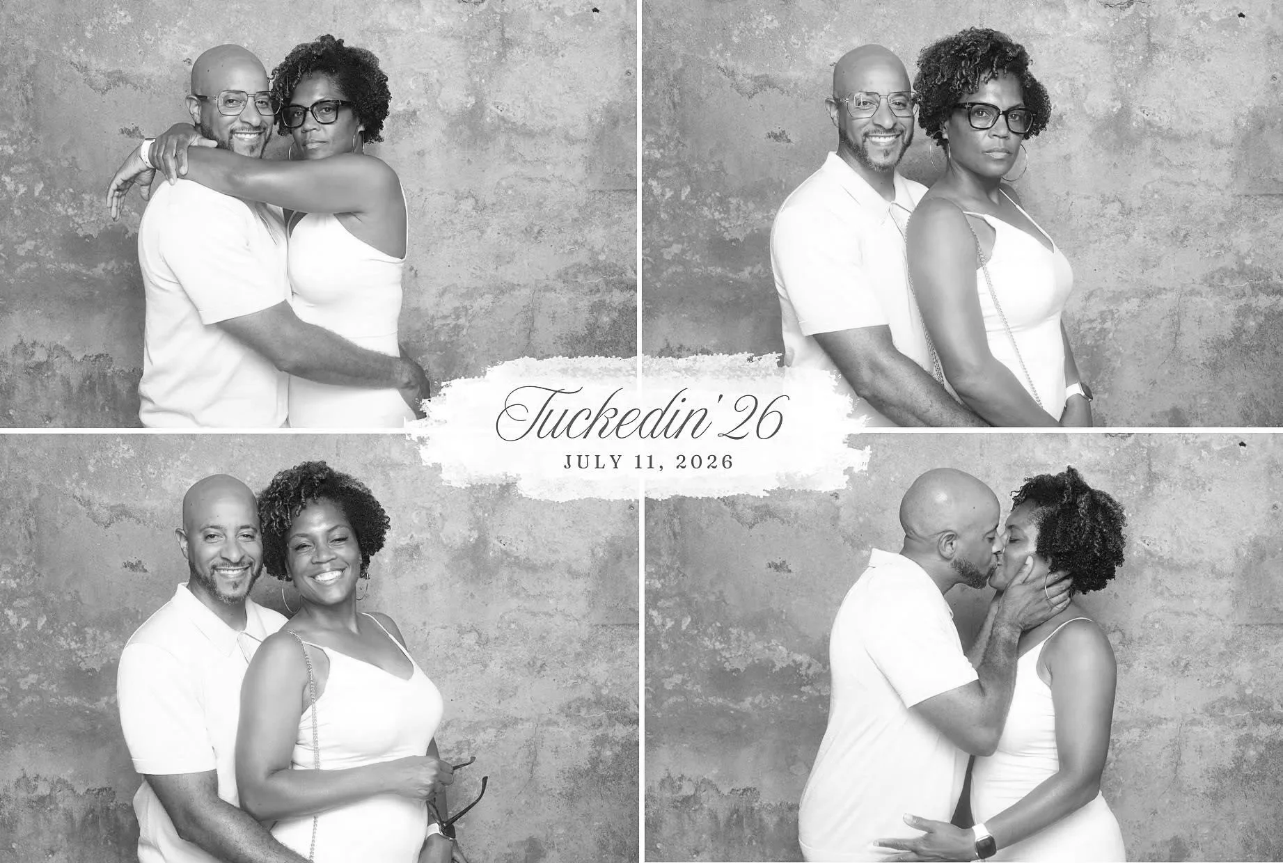 Couple posing together in a four-image black-and-white photo booth layout