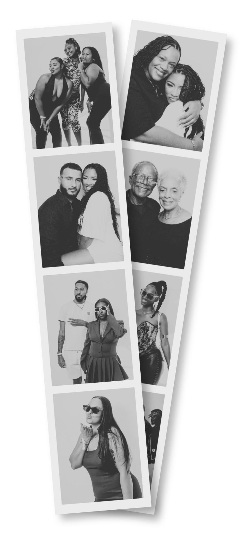 Black-and-white photo booth print strip featuring guests posing