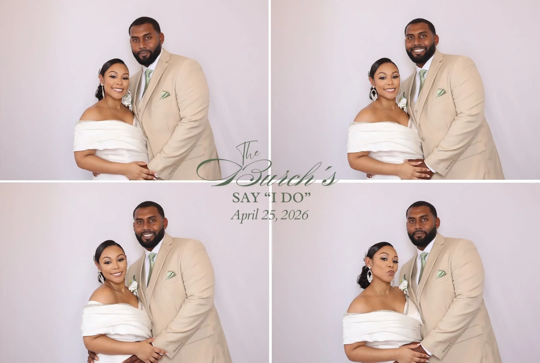 Bermuda newlywed couple posing together in a four-photo wedding booth layout