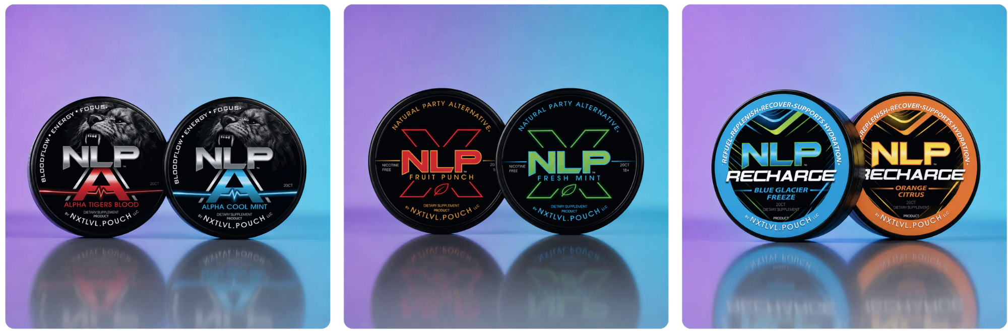 Three sets of colorful, round NLP chewing gum containers displayed on a reflective surface against a blue and purple background. Each set has two containers with various flavors and label designs.