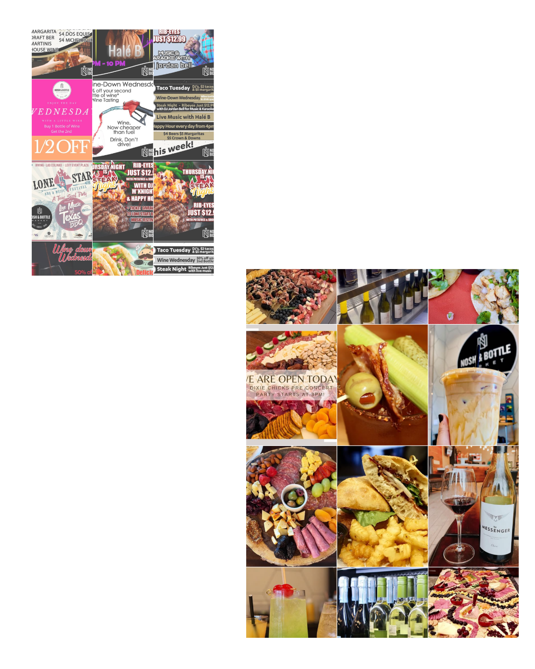 Collage of various food and drink items including pizza, wine, cocktails, cheese platter, sandwich, dessert, and beverages at a restaurant or bar with promotional flyers and menu signs in the background.