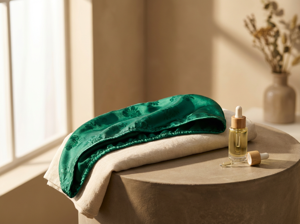 A green satin silk sleep mask with floral pattern resting on folded beige fabric on a round stone table. Next to it, a small glass bottle of facial oil with a dropper cap, and a separate wooden-capped dropper. In the background, a beige vase with dried flowers, and a window with sunlight streaming through.
